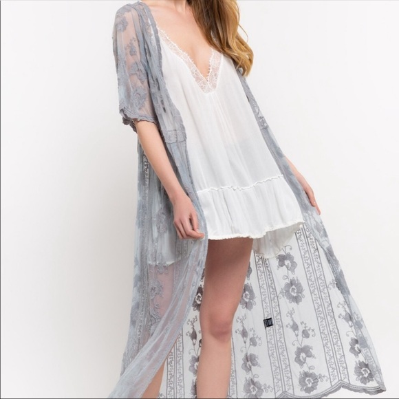 POL Sweaters - POL Grey Long Sheer Lace Kimono